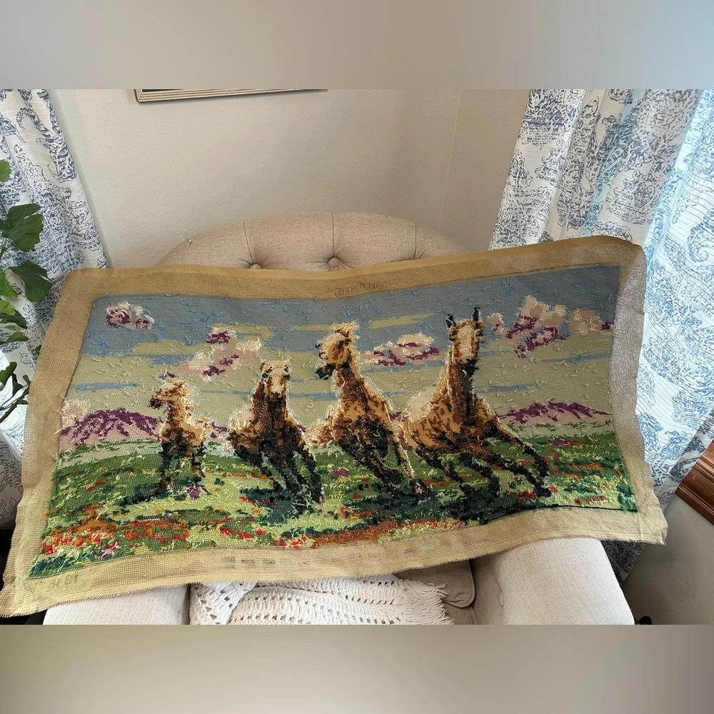 Vintage running wild horses large needlepoint tapestry 18” x 38”